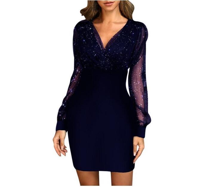 Mesh V-Neck Sequin Dress Slim Fit Sexy Dress