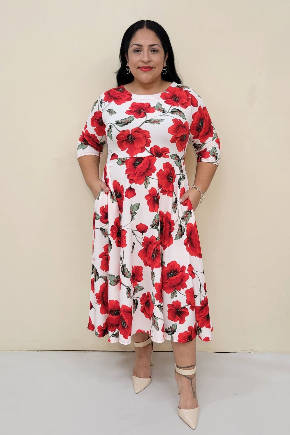 1223 Plus Size Floral Midi Dress, round neck, pockets