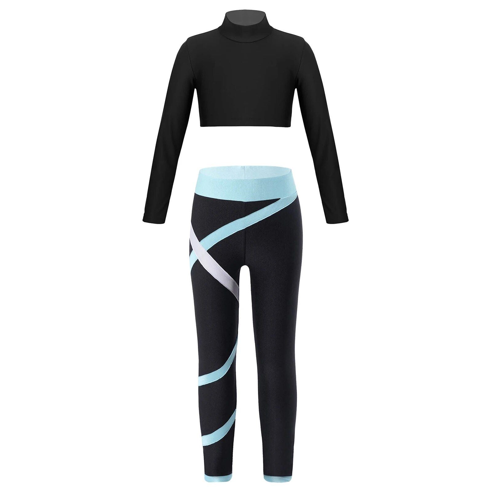 Kids' Athletic Wear Set - Stretchy Long Sleeve Crop Top & Colorblock Leggings for Gymnastics, Yoga, Skating