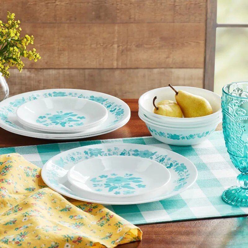 12-Piece Floral Dinnerware Set in Teal