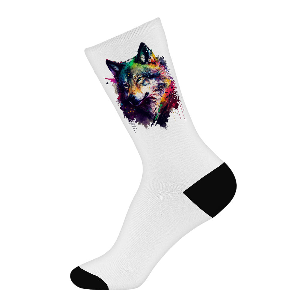 Colorful Wolf Socks - Cool Art Novelty Socks - Printed Crew Socks