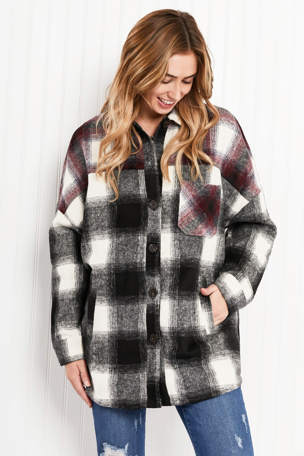 Colors of Autumn Plaid Shacket in Black/Burgundy