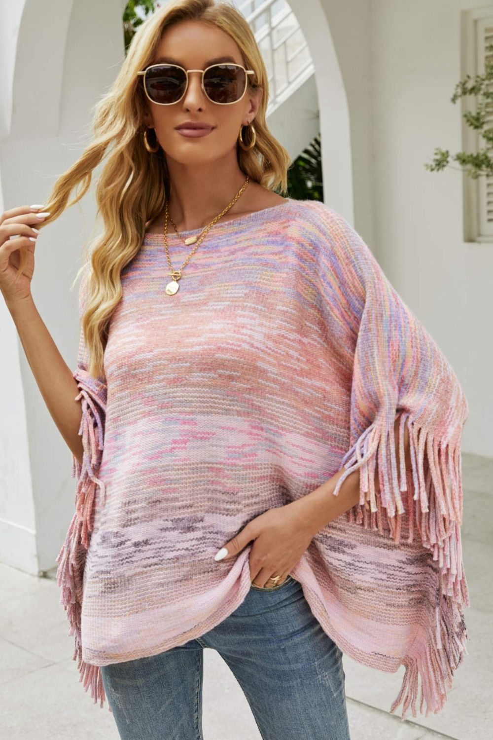 Heathered Boat Neck Fringed Poncho