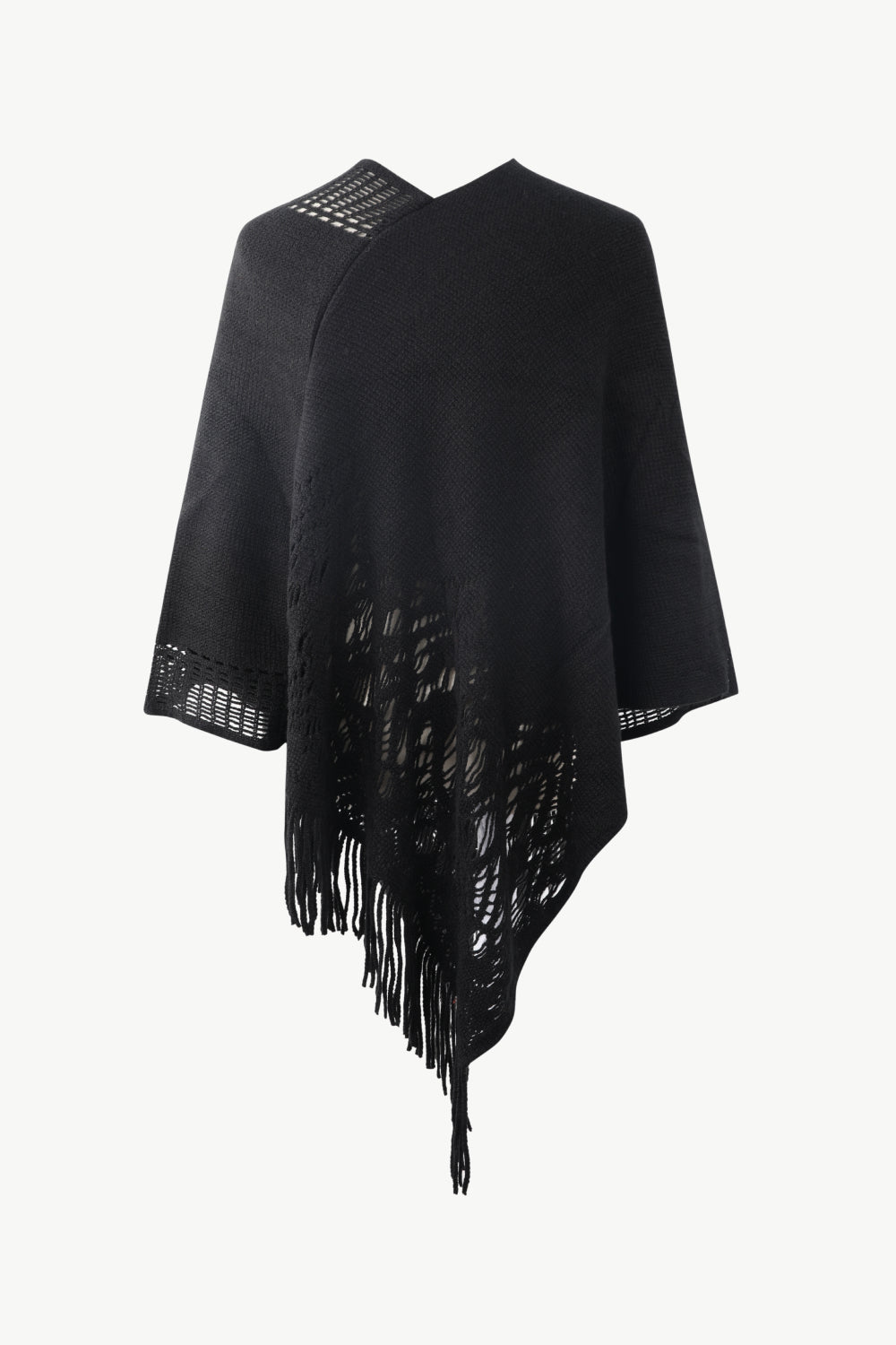 Openwork Fringe Hem V-Neck Poncho