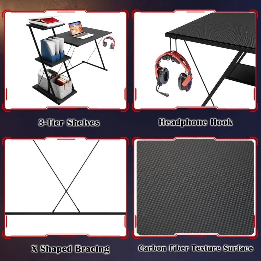 51" Z-Shaped Gaming Desk with 3-Tier Shelf and Headset Hook