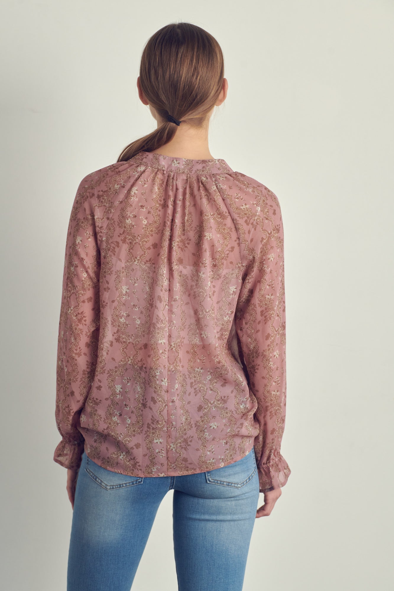 Mandarin collared long sleeve blouse