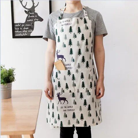 Festive Deer Print Cotton Apron with Pocket