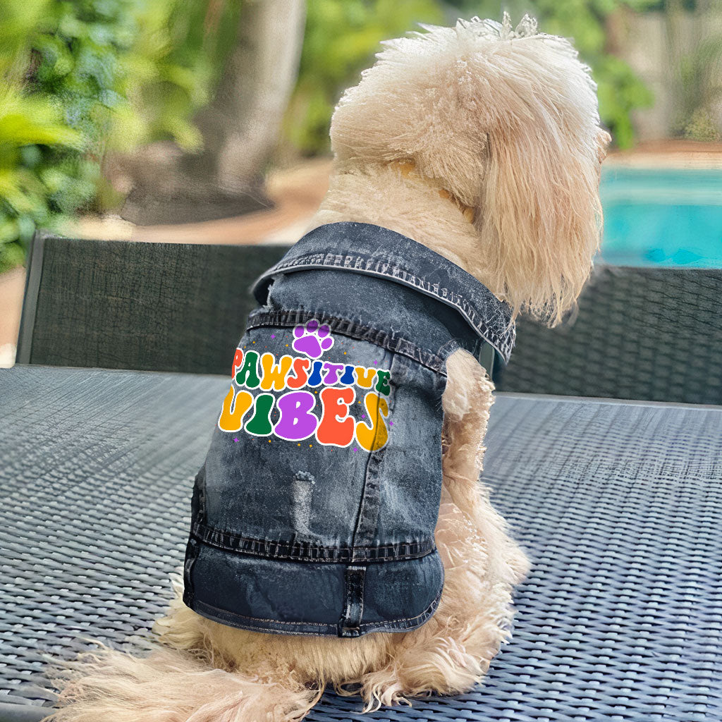 Pawsitive Vibes Dog Denim Vest - Colorful Text Dog Denim Jacket - Cool Dog Clothing