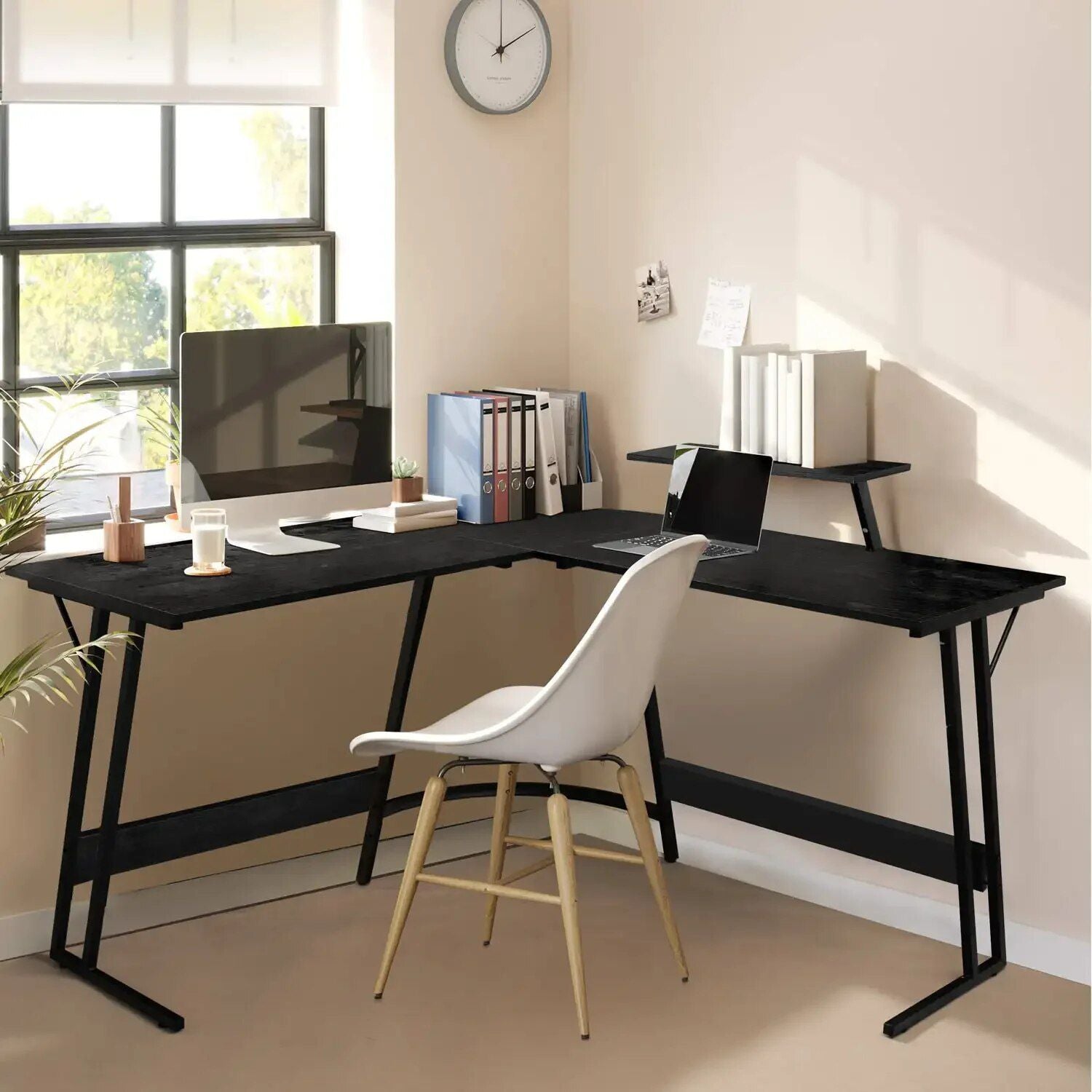 Sleek White L-Shape Home Office Computer Desk with Movable Monitor Stand