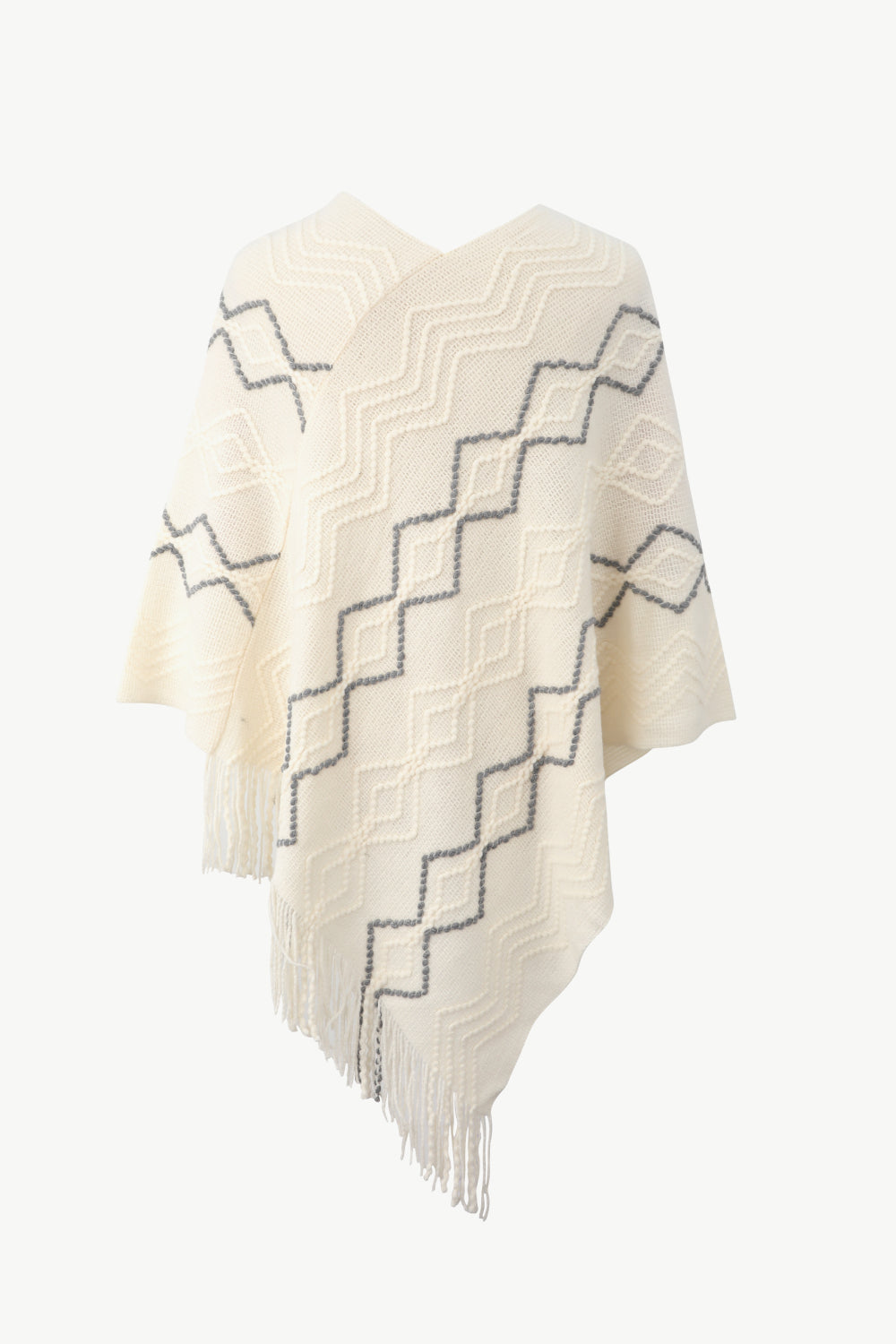 Pearl Trim V-Neck Fringe Hem Poncho