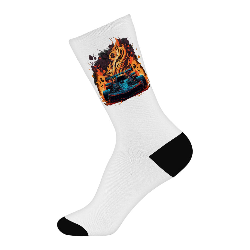 Race Car Socks - Fire Design Novelty Socks - Cool Crew Socks