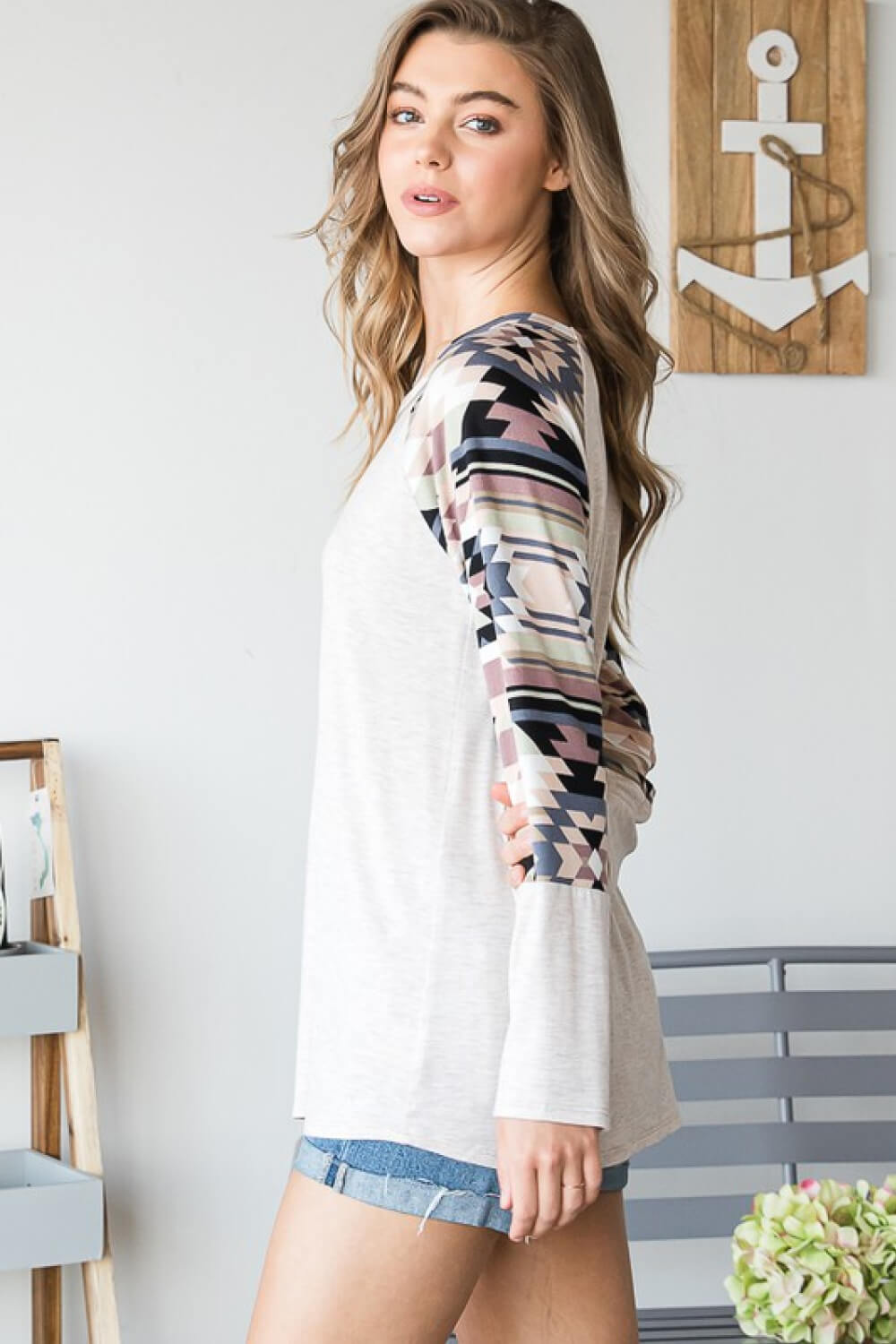 Aztec Contrast Raglan Sleeve Top