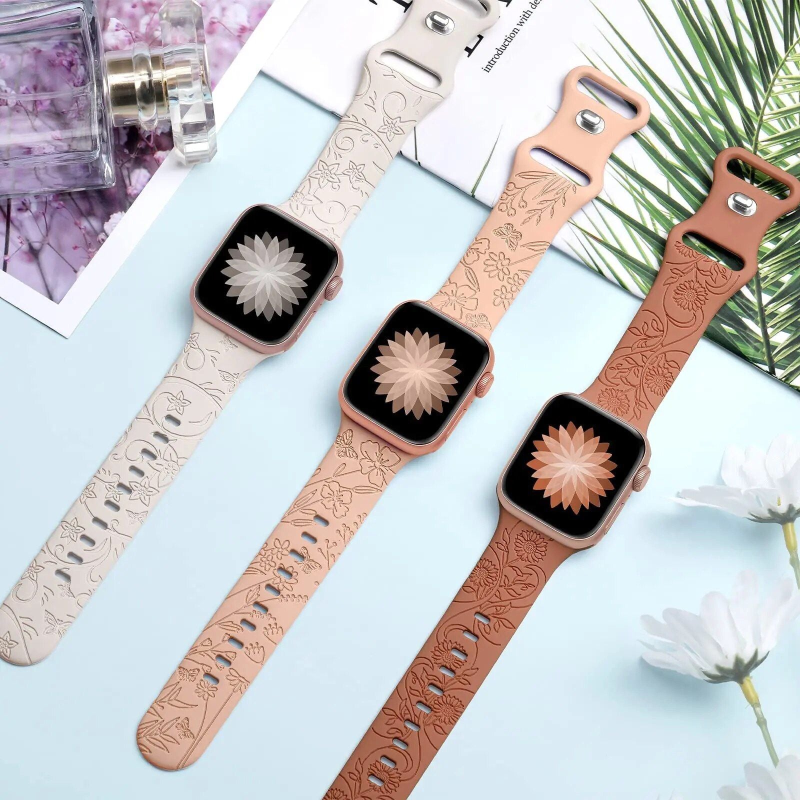 Floral Engraved Silicone Strap for Apple Watch - Fits All Series & Sizes