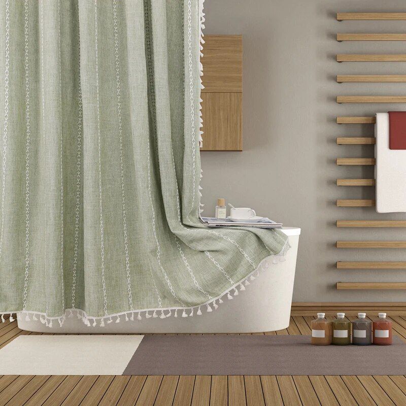 Luxurious Boho-Chic Striped Linen Cotton Shower Curtain with Tassels and Hooks