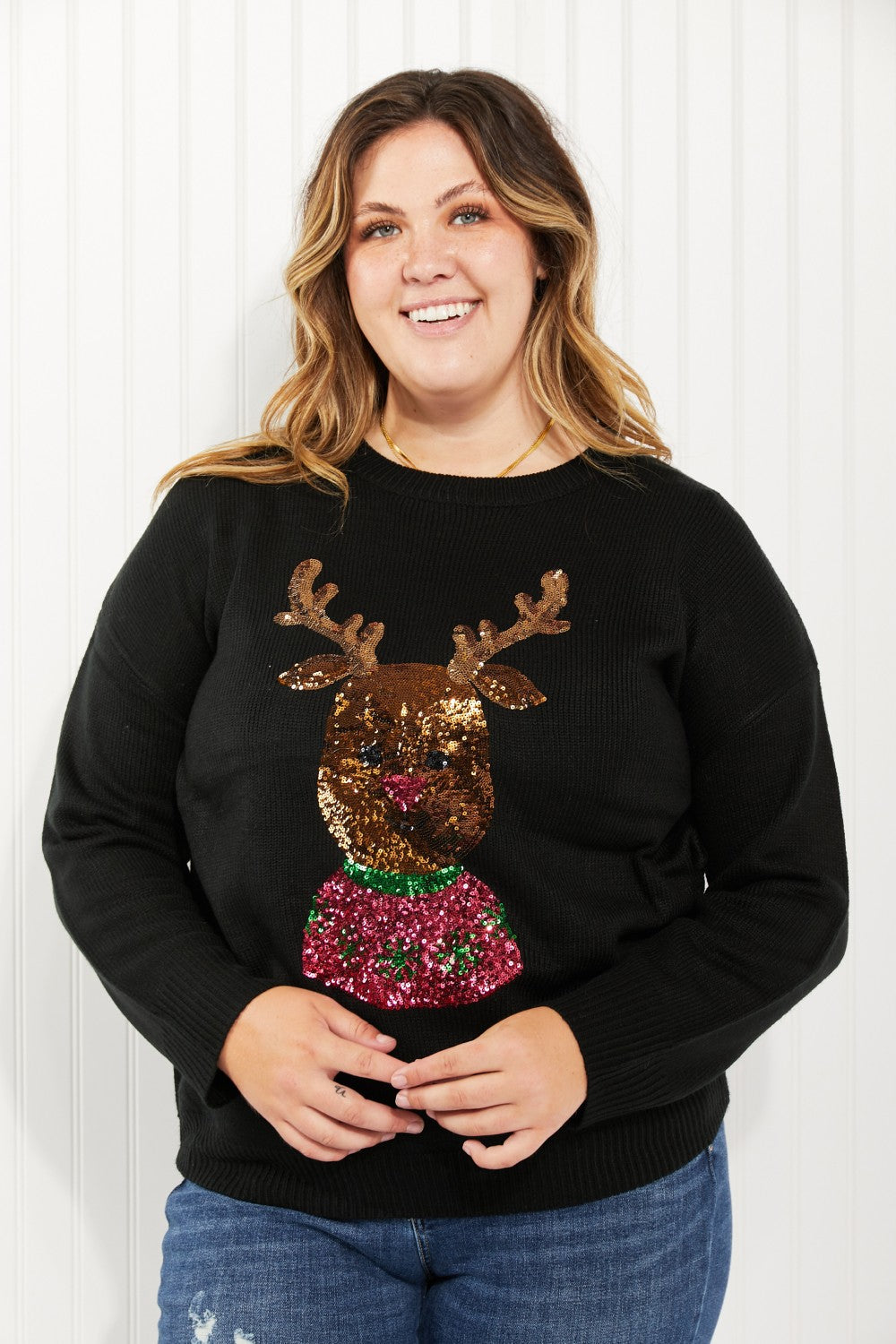 Christmas Rudolph Full Size Sequin Sweater