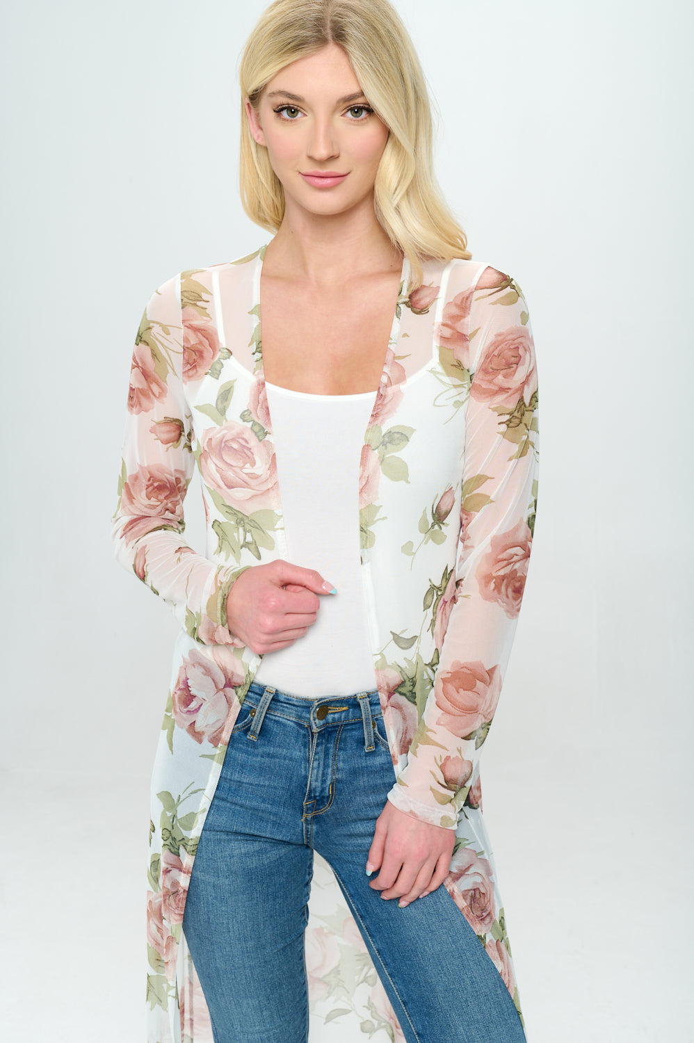 Floral long line mesh floral duster