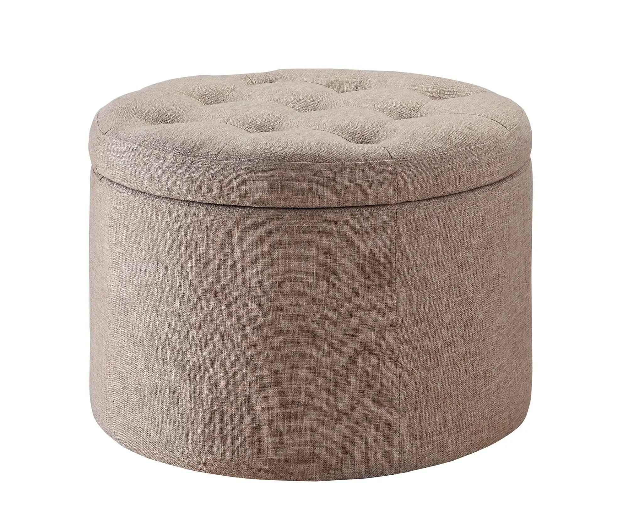 Elegant Tan Fabric Round Ottoman with Shoe Storage and Removable Lid