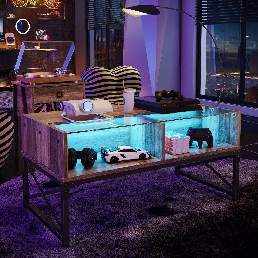 Rustic Oak Coffee Table with LED Lighting and Glass Shelf