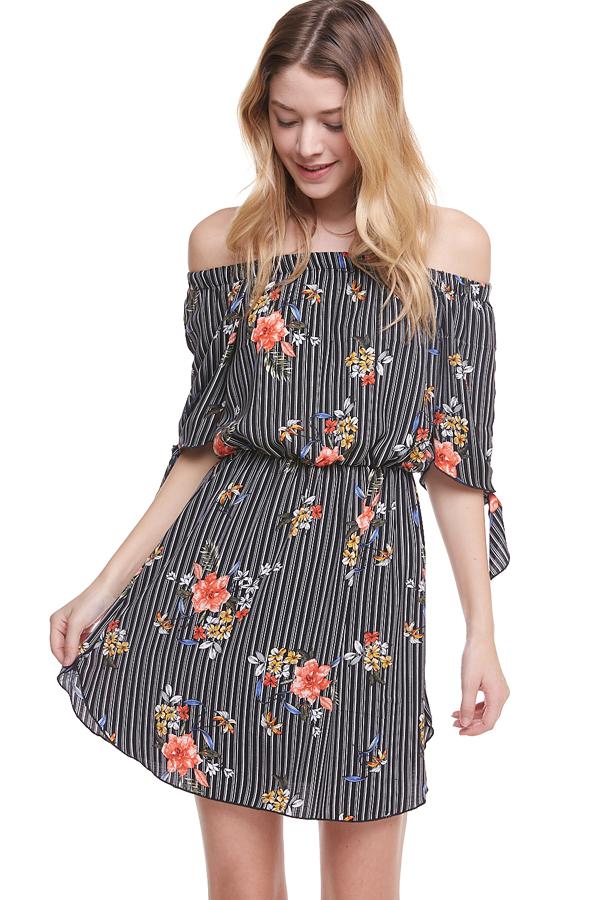 Floral Print Off Shoulder Tie Sleeve Dress