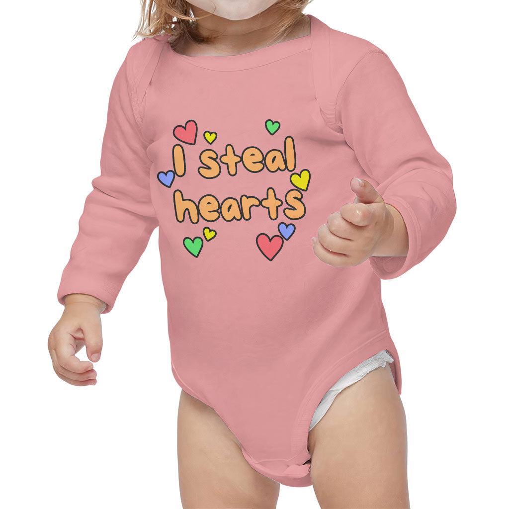 I Steal Hearts Baby Long Sleeve Onesie - Cute Heart Baby Long Sleeve Bodysuit - Illustration Baby One-Piece