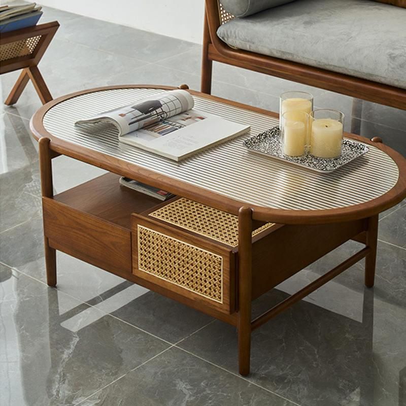 Modern Oval Ash Wood Tea Table with Rattan Weave and Storage