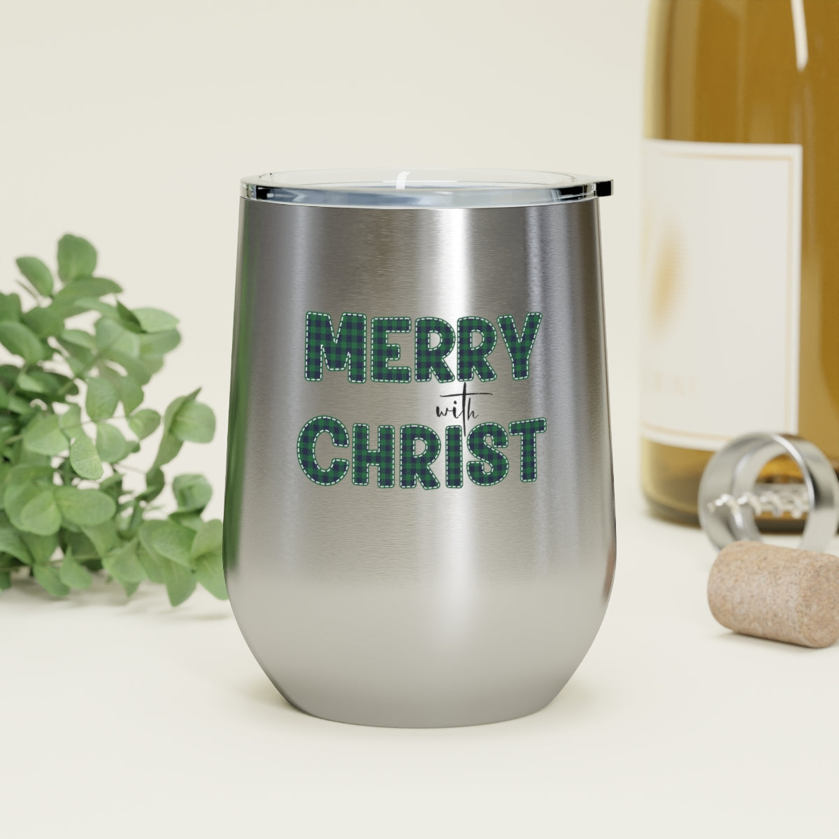 Insulated Tumbler - 12oz, Merry With Christ, Green Plaid Christmas