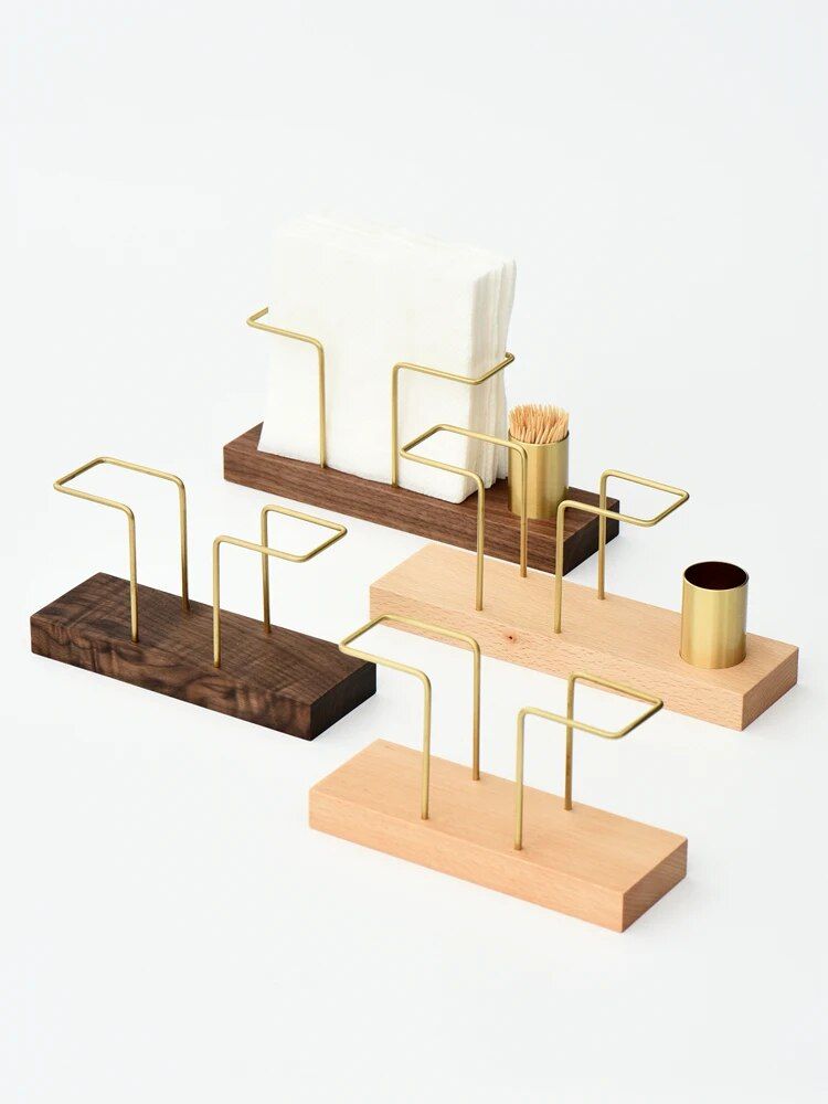 Elegant Wood and Brass Desktop Organizer with Multi-Functional Tissue and Toothpick Holder