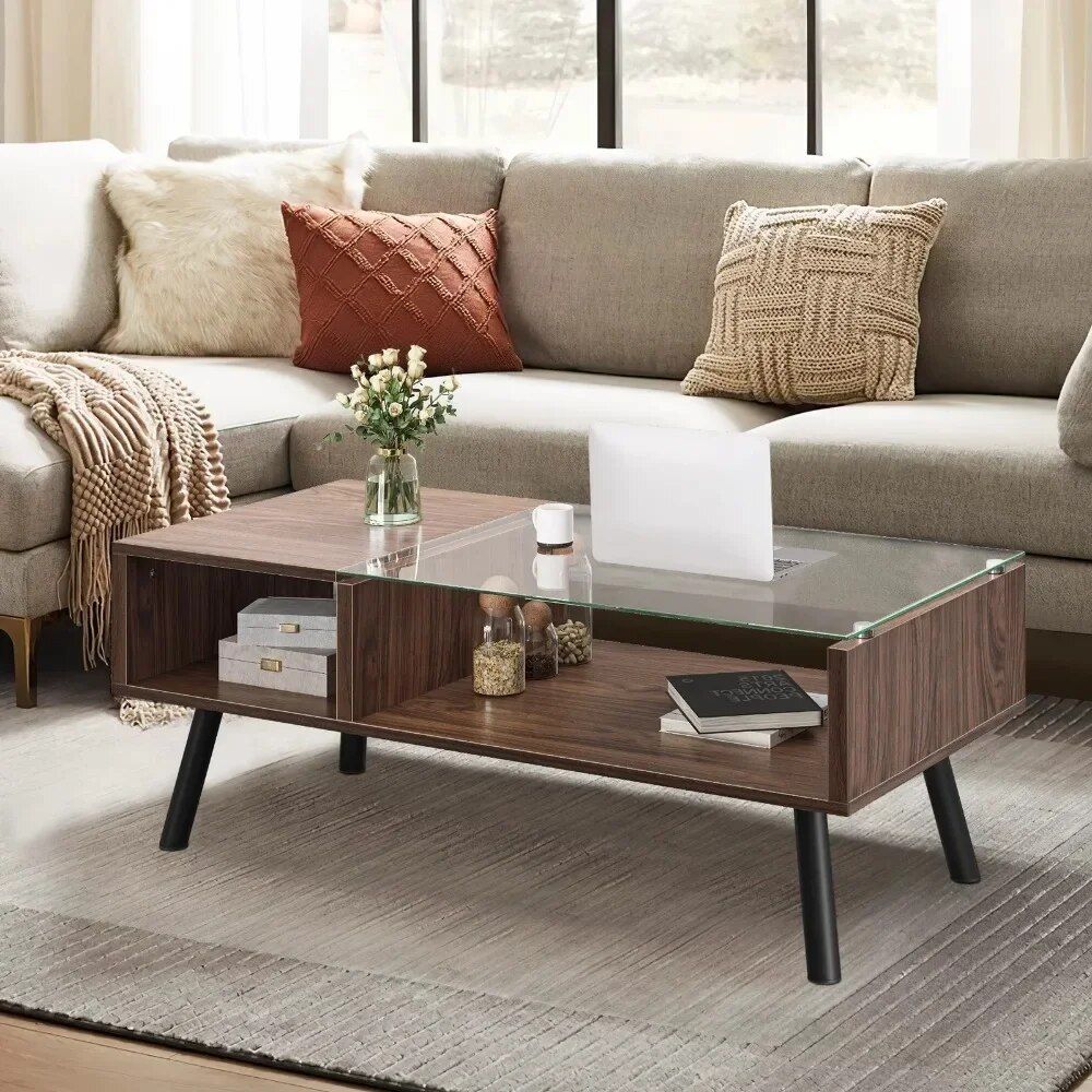 Modern 2-Tier Walnut Coffee Table with Glass Top and Storage