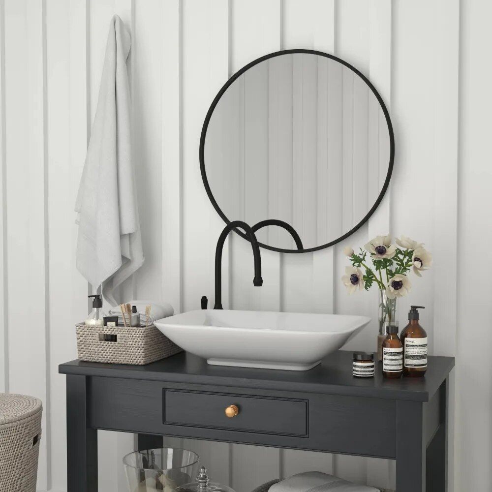 Modern 30" Black Round Wall Mounted Mirror with Backlight - Elegant Decor for Bathroom & Home