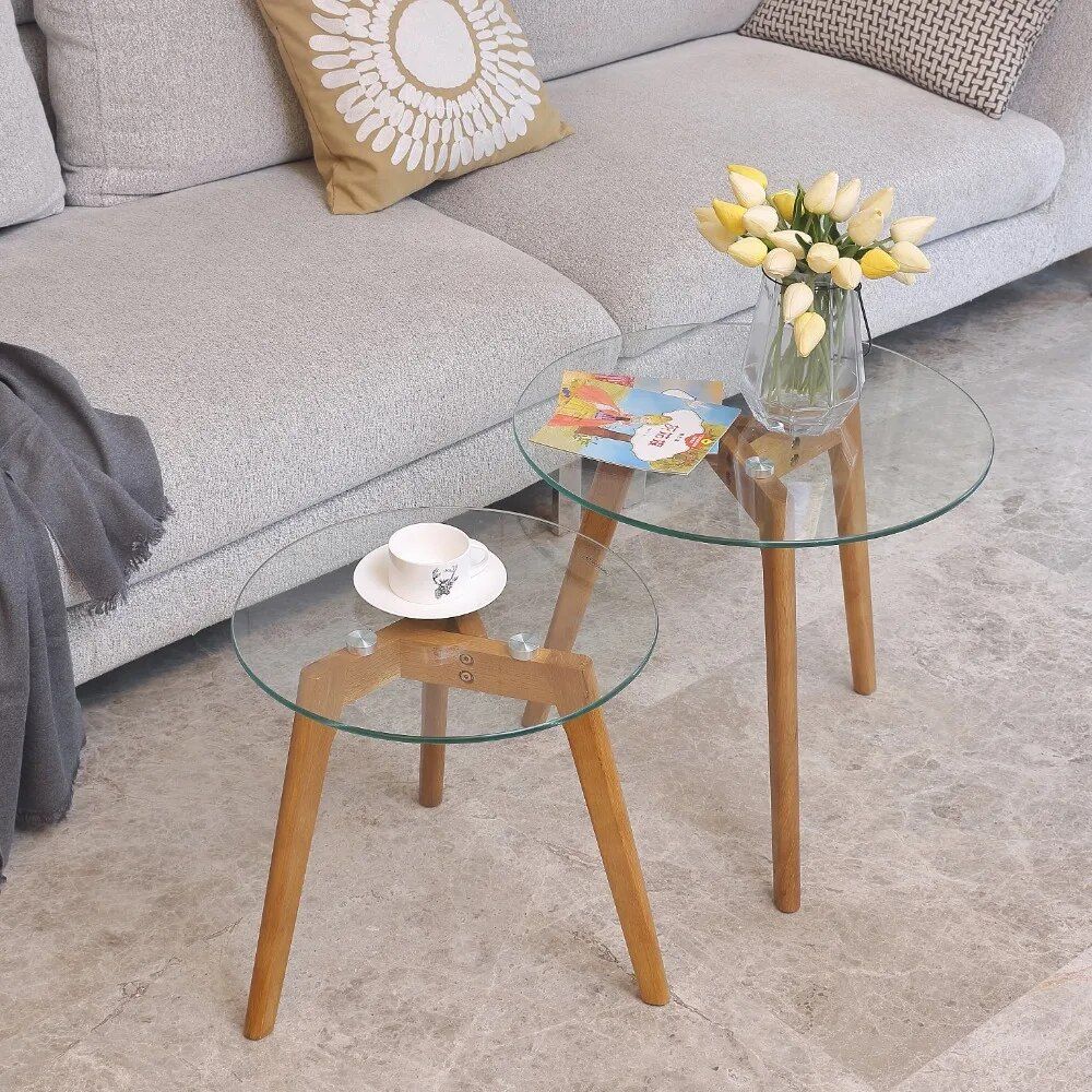 Modern Tempered Glass & Wood Nesting Coffee Tables - Set of 2