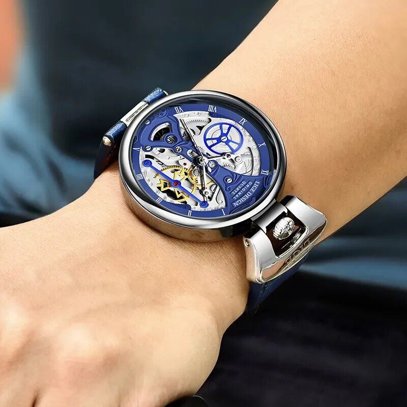 Elegant Casual Leather Skeleton Quartz Wrist Watch with Stainless Steel Case