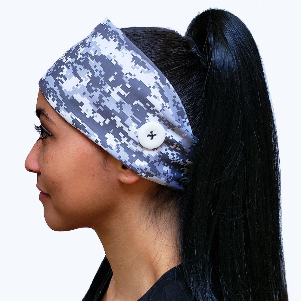 Digital Gray Camo Button Headband | Orange Poppy