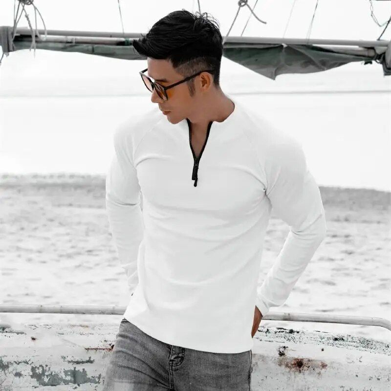 Men's Long Sleeve Slim Fit Sports T-Shirt with Zipper Neckline