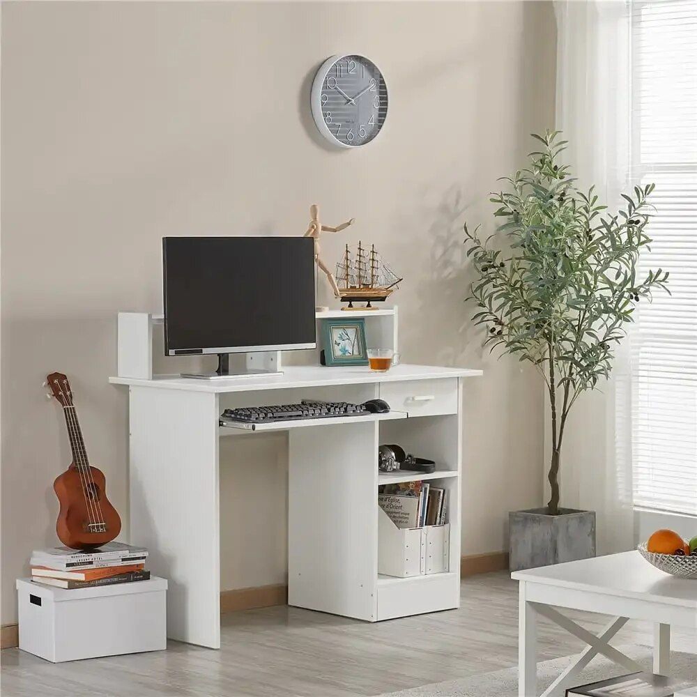 Modern White Wooden Computer Desk with Drawers and Keyboard Tray