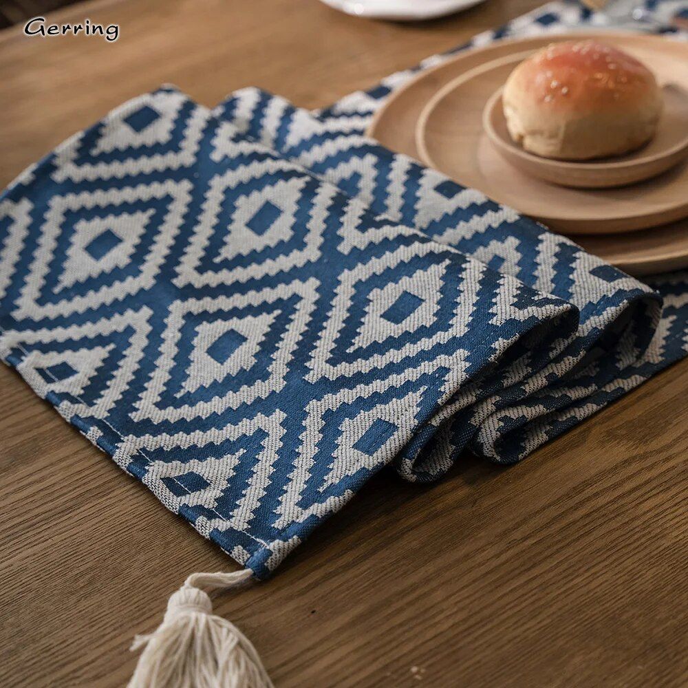 Elegant Nordic Jacquard Table Runner with Geometric Tassel Design