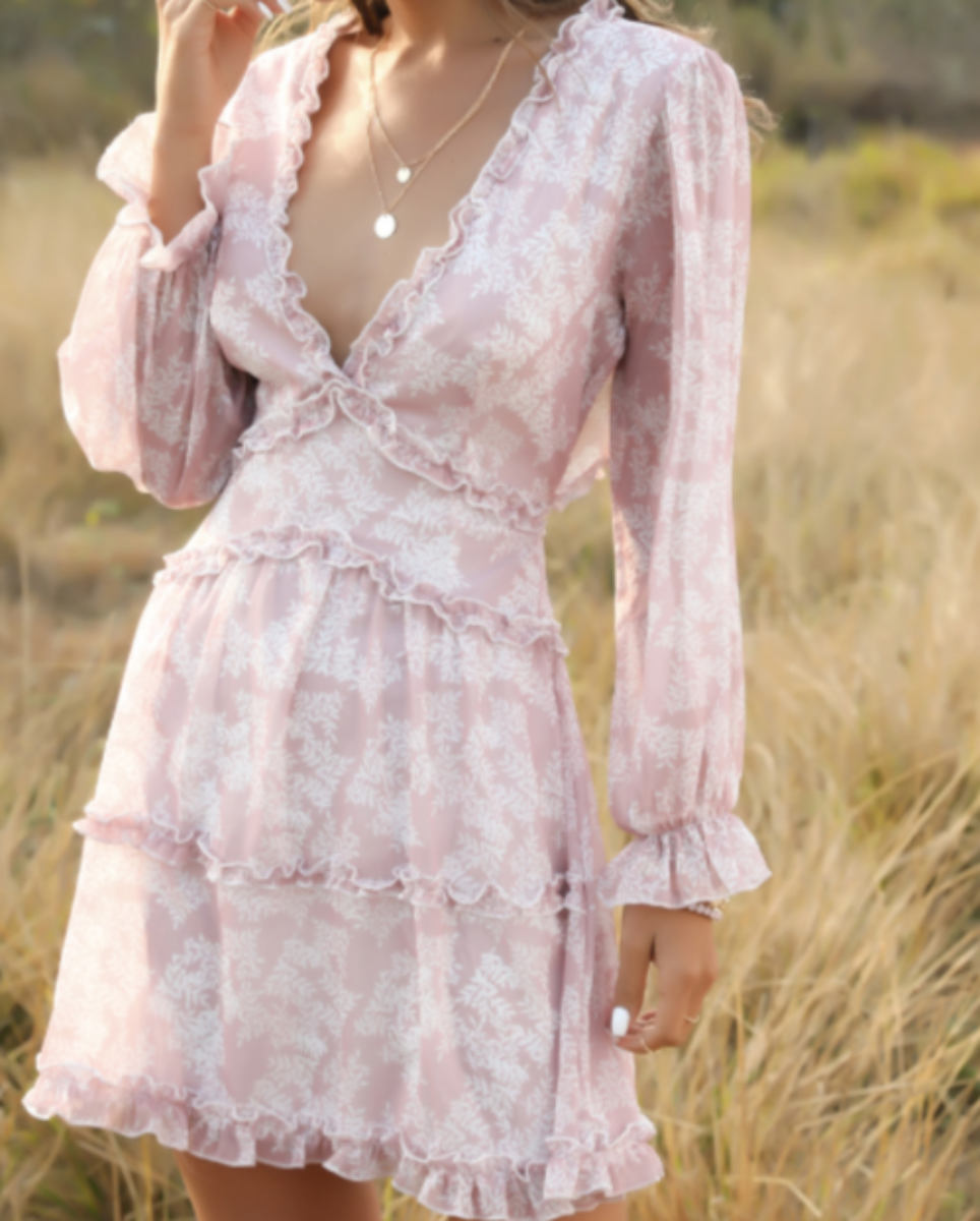 Flowy V-Neck Chiffon Ruffle Dress