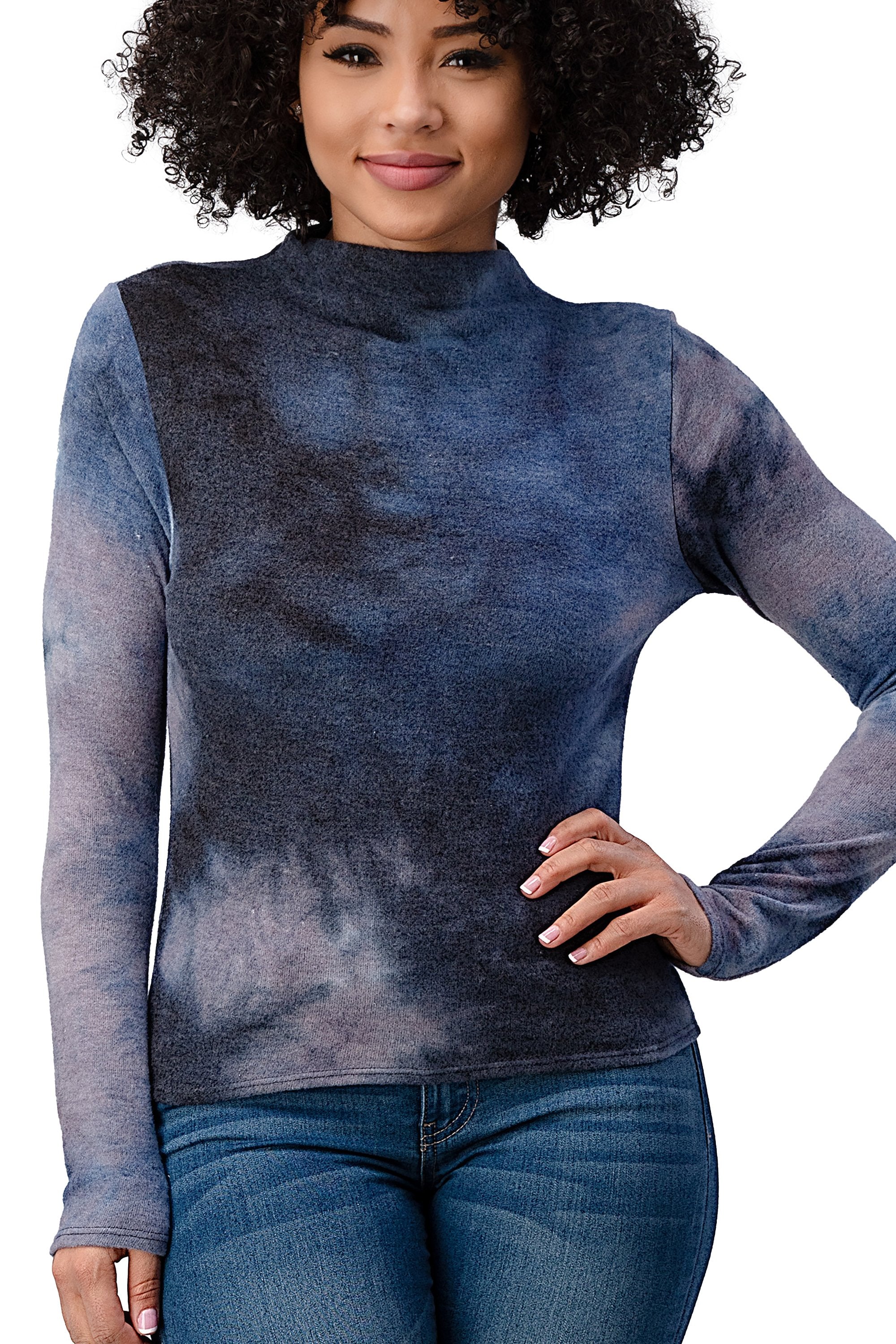 Brushed Knit Tie Dye Printed Mock Neck Long Sleeve Top