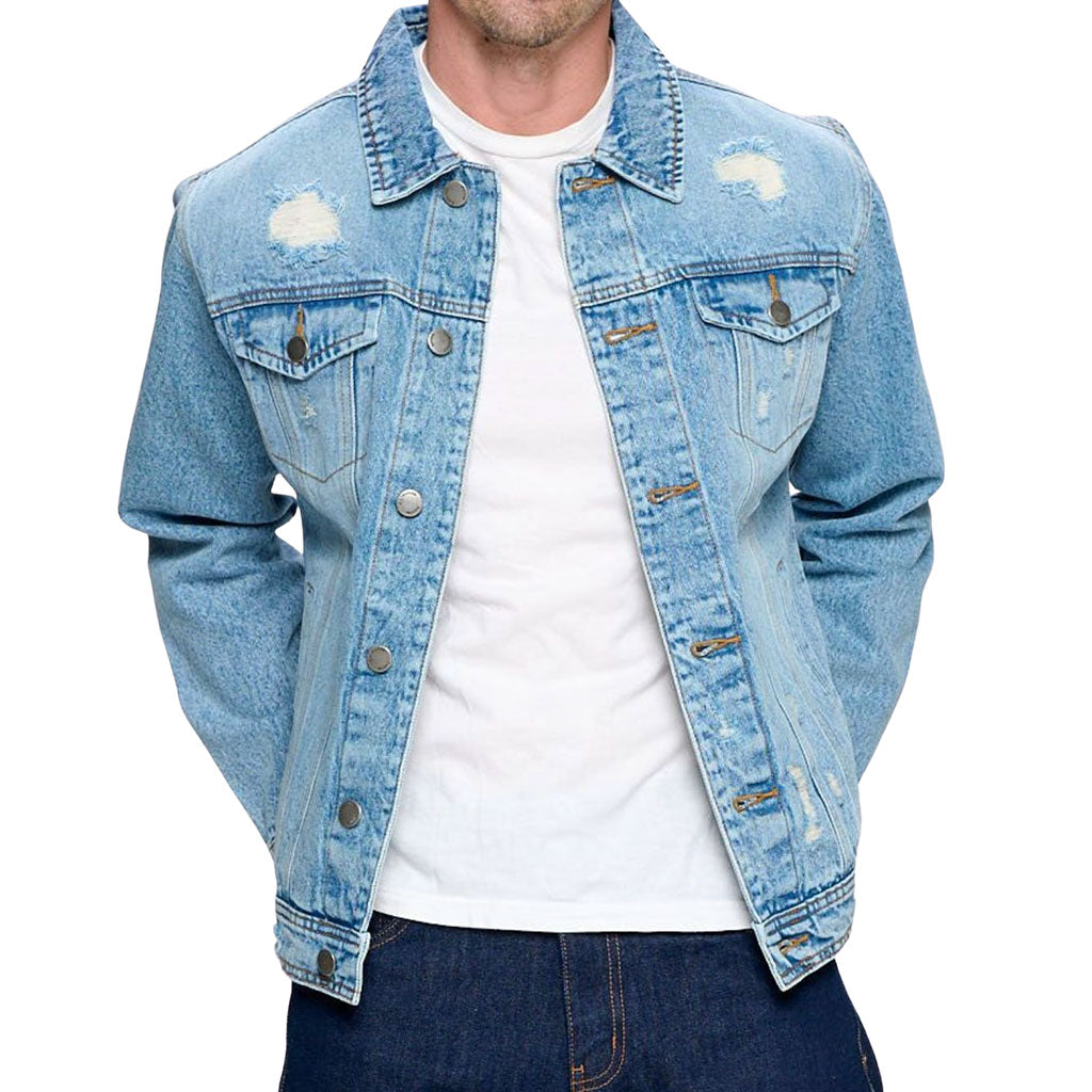 Fire Graphic Men's Distressed Denim Jacket - Cool Design Denim Jacket for Men - Illustration Denim Jacket