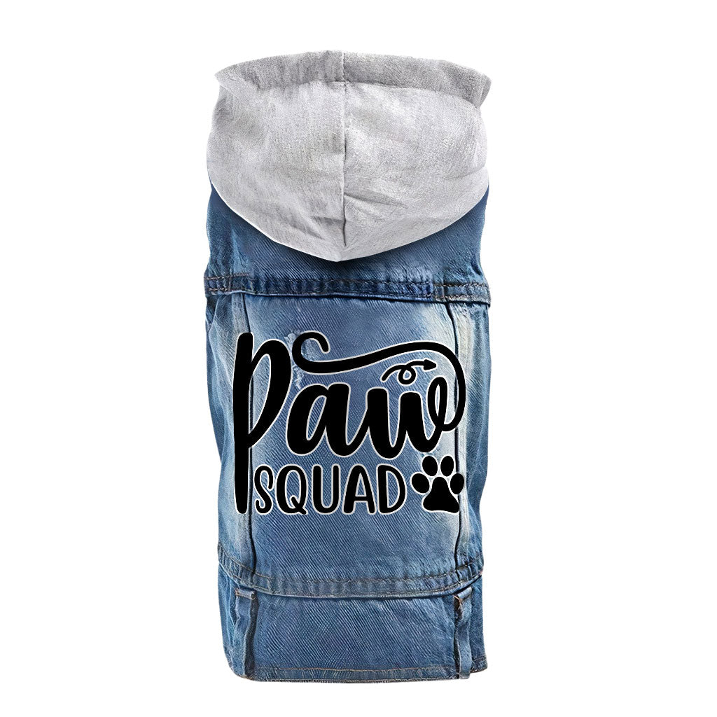 Paw Squad Dog Denim Jacket - Graphic Dog Denim Coat - Unique Dog Clothing