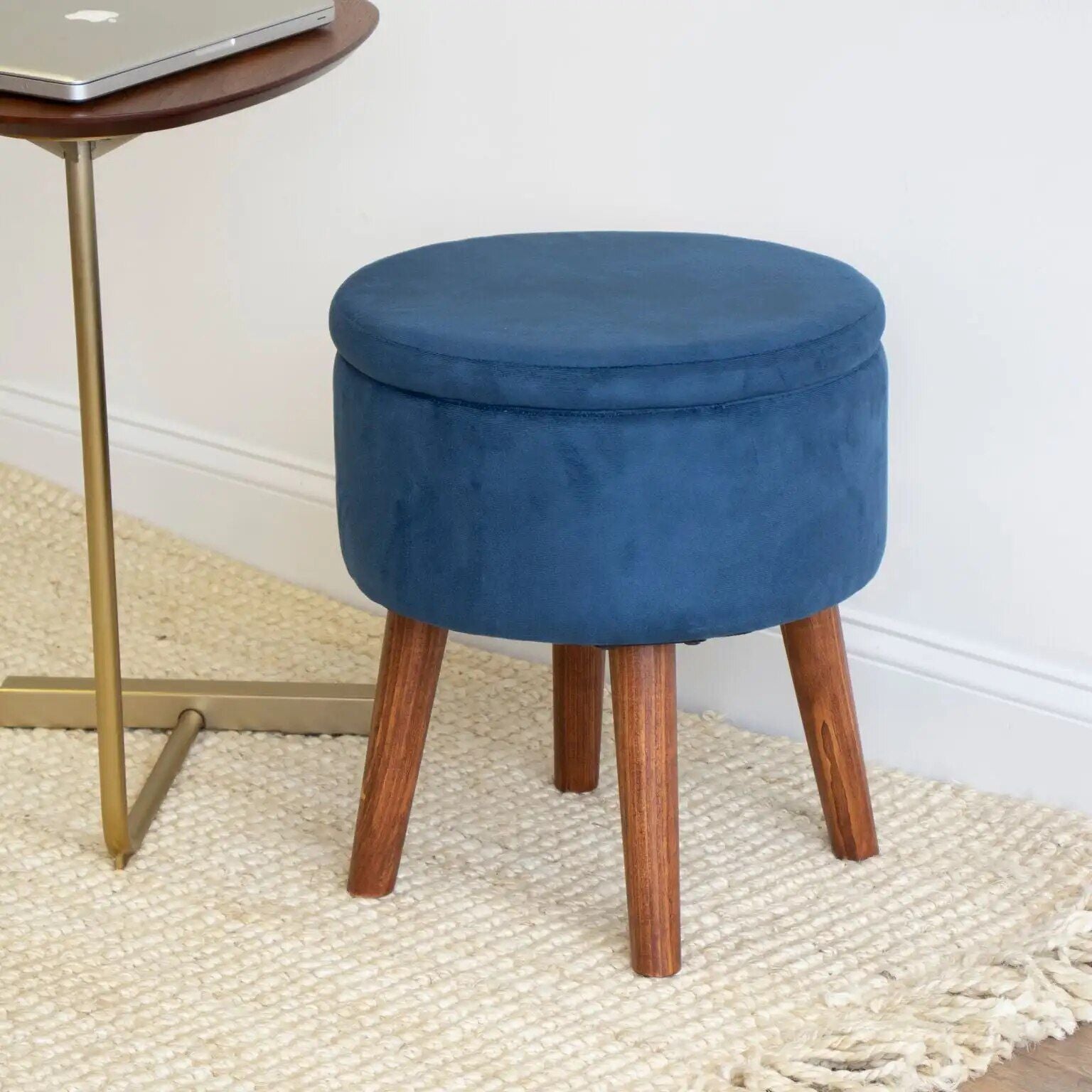 16-Inch Velour Round Storage Ottoman with Wooden Legs