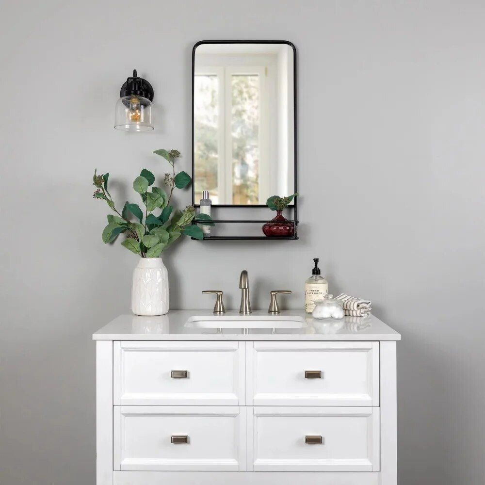 Modern Black Metal Wall Mirror with Shelf - 15.5 x 30 inch Rectangular Magnifying Mirror