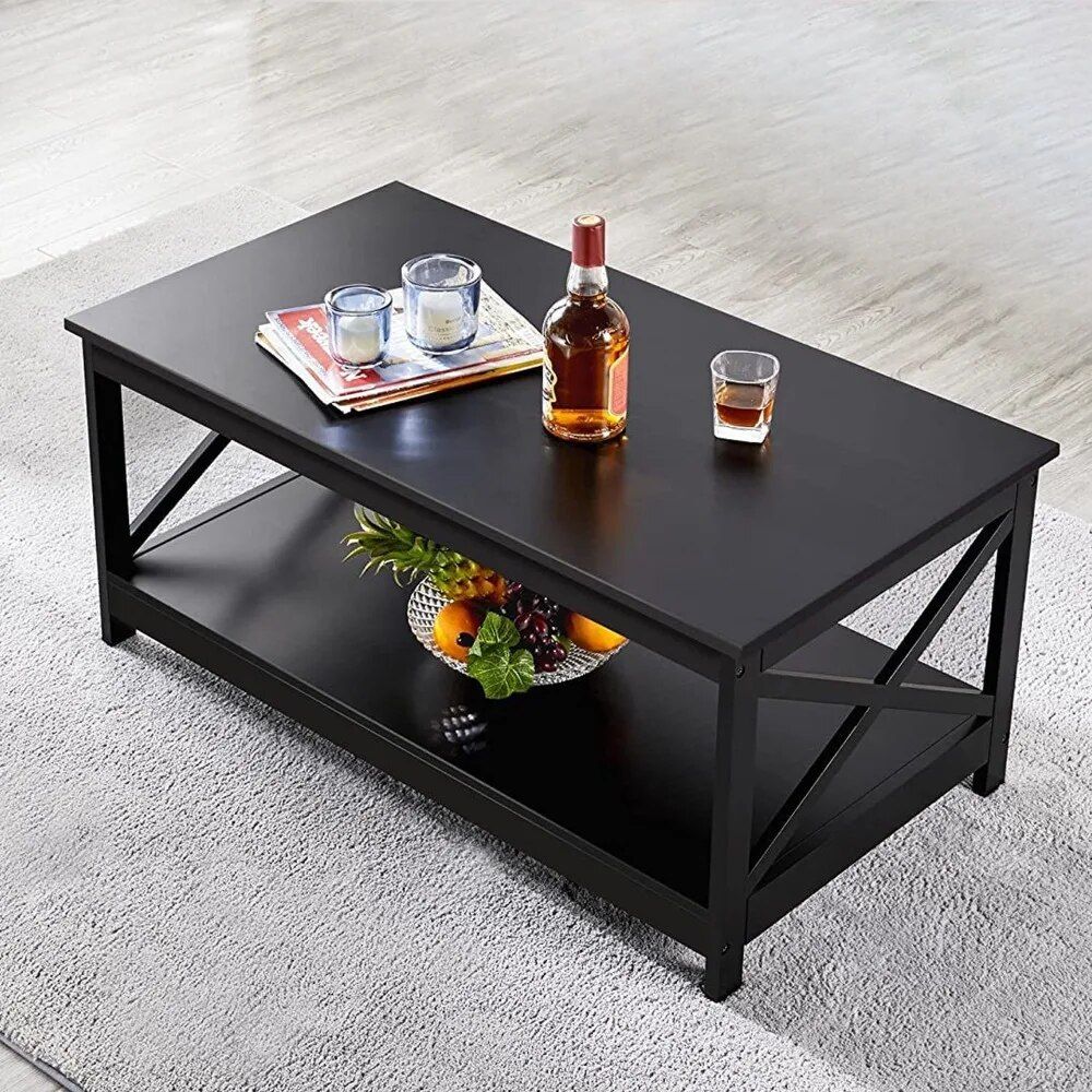 Elegant Black Coffee Table with Storage Shelf for Modern Living Room