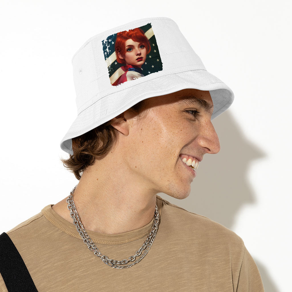 Girl Red Hair American Flag Bucket Hat - Art Hat - Cool Bucket Hat