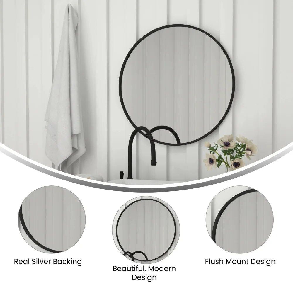 Modern 30" Black Round Wall Mounted Mirror with Backlight - Elegant Decor for Bathroom & Home