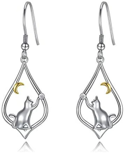 Cat Earrings Sterling Silver Cat Moon Dangle Drop Hooks Earrings Cute