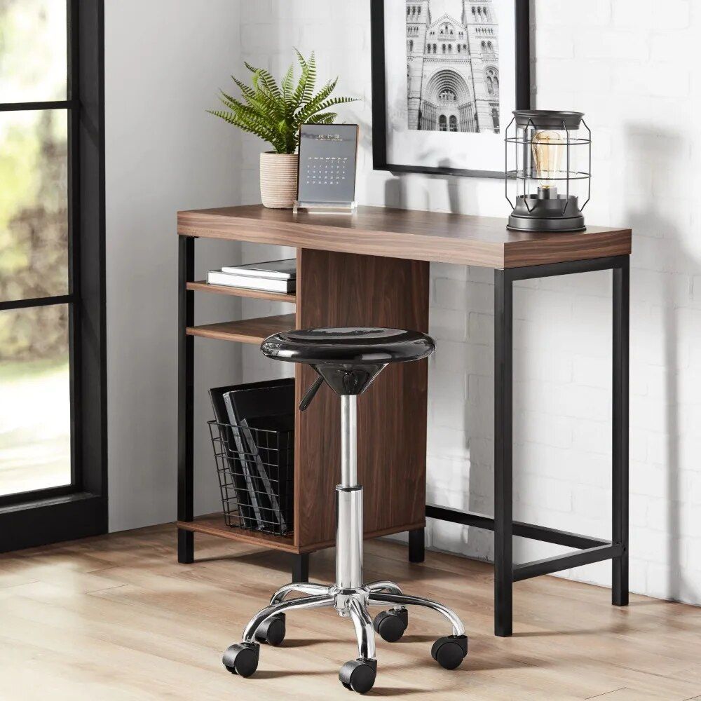 Modern Black Metal Frame Computer Desk with Cube Storage and Open Shelves