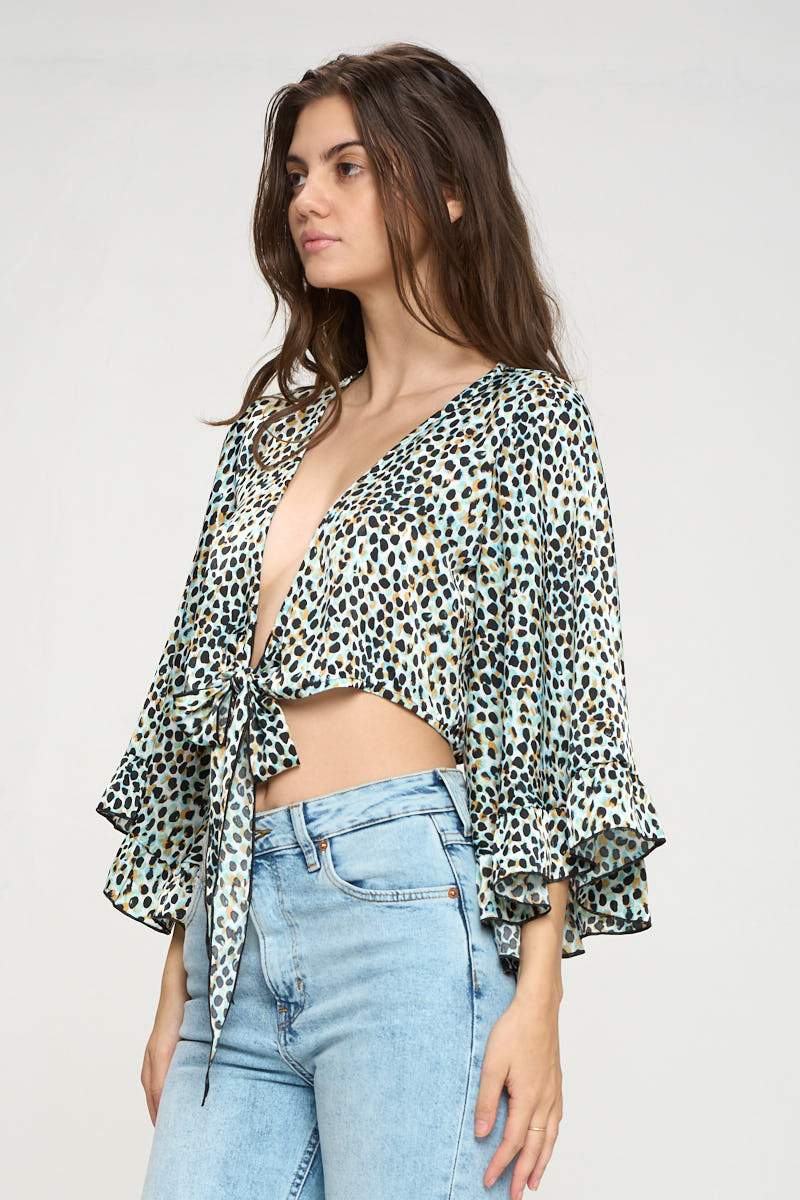 Wide Ruffle Sleeves Tie Crop Cardigan Leopard