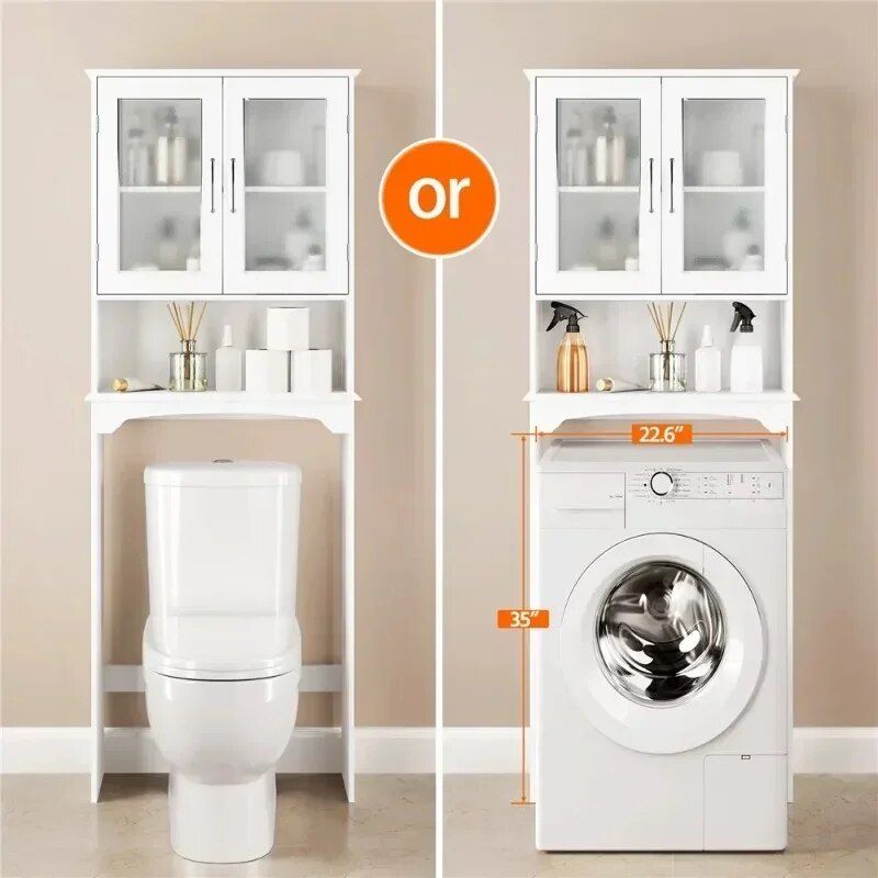 White Wooden Over-The-Toilet Storage Cabinet with Adjustable Shelf