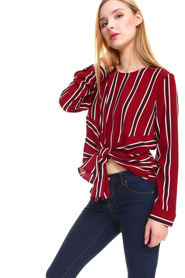 Stripe Long Sleeve Tie Front Blouse