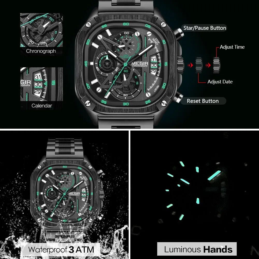 Waterproof Black Quartz Square Dial Men's Wristwatch with Chronograph & Luminous Hands